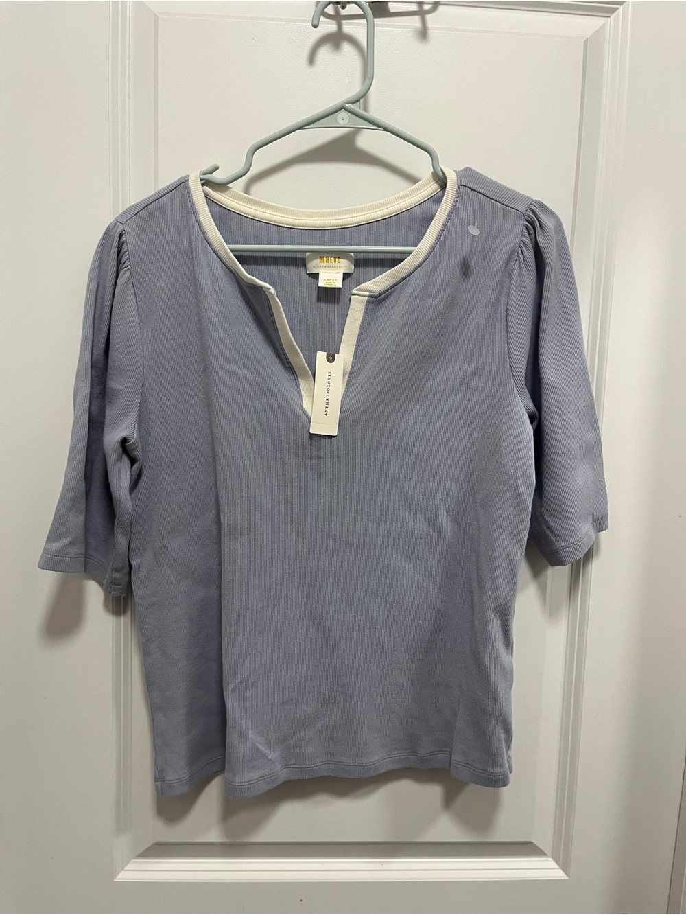 Maeve Anthropologie Cotton Blue Short Sleeve Vneck Shirt With Cream Trim NWT L